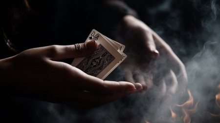 Close up shot of a man's hand holding a deck of playing cards.generative aiの素材
