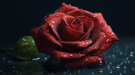 Beautiful red rose with water drops on black background, closeup.generative aiの素材