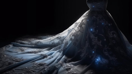 Wedding dress with lace and pearls on a dark background.generative aiの素材