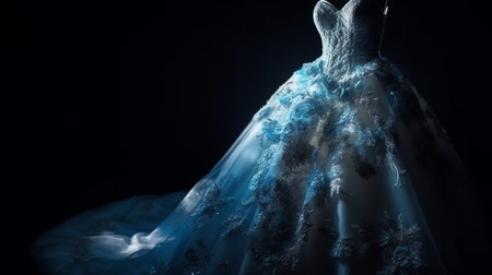 Wedding dress with lace and pearls on a dark background.generative aiの素材