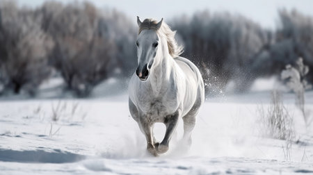 Beautiful white horse galloping in the snow.generative aiの素材