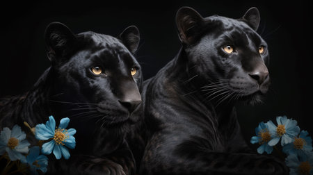 Black panther and blue flowers on a black background.generative aiの素材