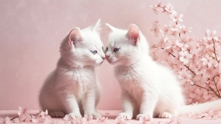 Two white kittens with cherry blossom flowers on a brown background.generative aiの素材