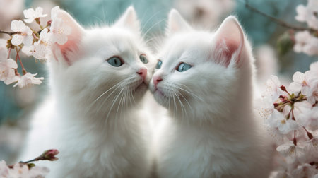 Two white kittens with cherry blossom flowers on a brown background.generative aiの素材