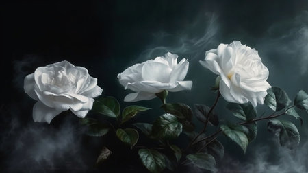 Beautiful white roses on a dark background with smoke. Copy space.generative aiの素材