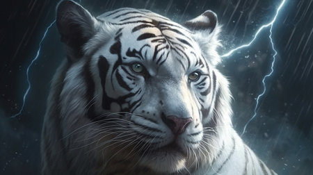 White tiger with a thunderstorm in the background.generative aiの素材