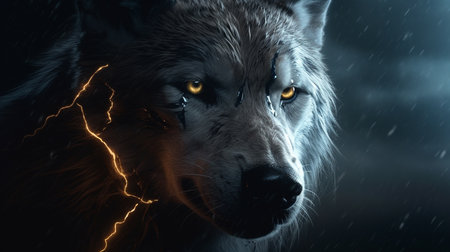 Close up of wolf with lightning on black background.generative aiの素材