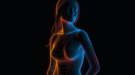 A neon woman with long hair and a pink.generative aiの素材