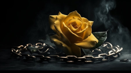 A yellow rose sits on a black background with a chain that says'the word love'on it.generative aiの素材