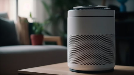 A steam air purifier in a dark room with a window behind it.generative aiの素材