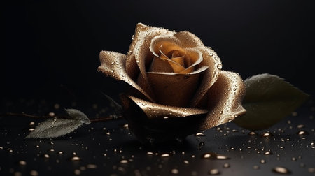 A black and gold rose with water drops on it.generative aiの素材