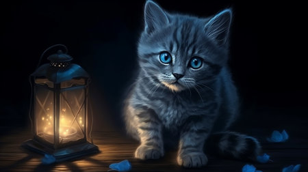 A cat sits next to a lantern that says'the light is a butterfly 'generative aiの素材