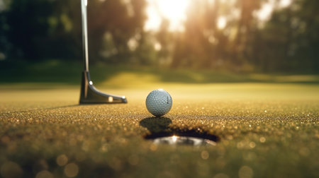 Golf club and ball on the green grass with sun flare.generative aiの素材