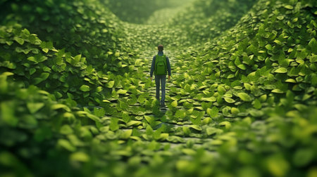 A man walks through a green leafy forest.generative aiの素材