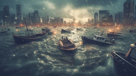 Fishing boats in the middle of a stormy night.generative aiの素材