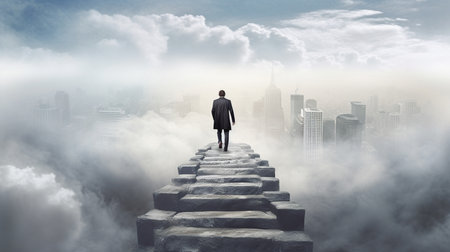 A man is walking up a ladder in the clouds above the clouds.generative aiの素材