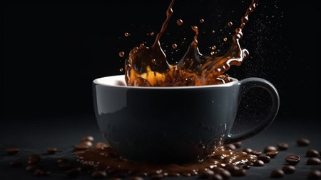 A cup of coffee with coffee beans and a black background.generative aiの素材