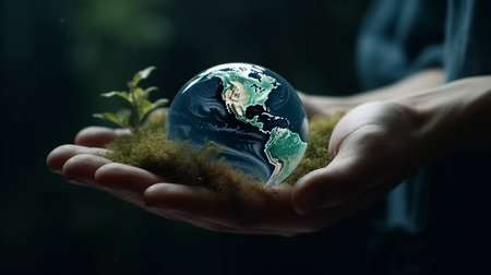 Hands holding a globe with the word earth on it.generative aiの素材