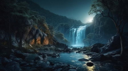 A full moon over a waterfall.generative aiの素材