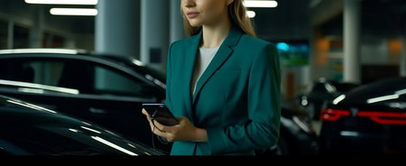 auto business, car sale, consumerism and people concept - young woman with smartphone in auto show or salon.generative aiの素材