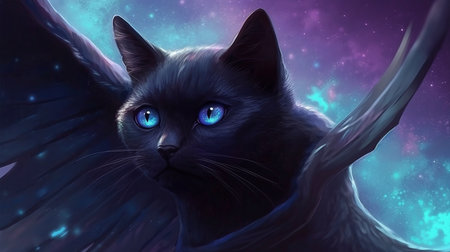 A black cat with blue eyes is on a night sky background.generative aiの素材