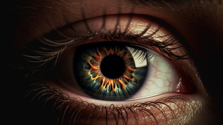 A close up of a blue eye with the word eye on it.generative aiの素材