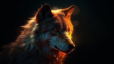 A wolf with a glowing face sits on a black background.generative aiの素材