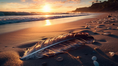 A close up of feathers on a beach at sunset.generative aiの素材