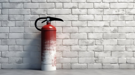 A red and white fire extinguisher is against a white brick wall.generative aiの素材