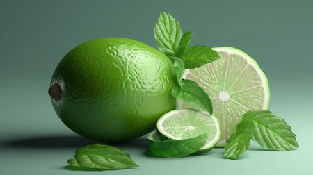 Limes and limes on a green background.generative aiの素材