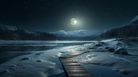 The moon is shining over the frozen ocean.generative aiの素材