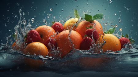 A bunch of fruit is in a water droplet.generative aiの素材