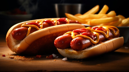 Delicious hot dogs with ketchup and mustard on wooden board, closeup.generative aiの素材