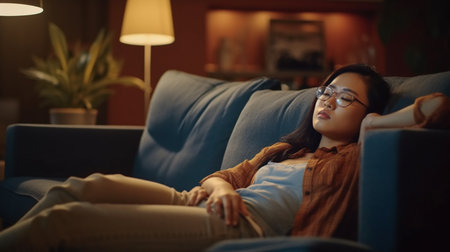 Young Asian woman in eyeglasses relaxing on sofa at home..generative aiの素材