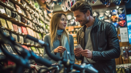 Young couple choosing new bicycle in bicycle shop. They are using mobile phone and smiling.generative aiの素材