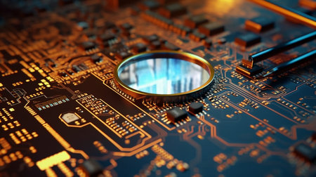 Magnifying glass on electronic circuit board, closeup. Technology concept.generative aiの素材
