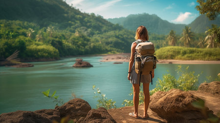 Young woman with backpack and hat standing on the edge of the cliff and looking at the beautiful tropical landscape.generative aiの素材