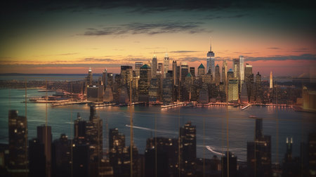 New York City Manhattan skyline panorama with skyscrapers at sunset.generative aiの素材