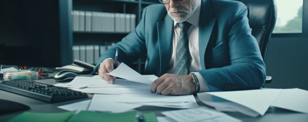 Businessman working on laptop in modern office. Man in suit and tie sitting at desk and working with documents. Business concept.generative aiの素材