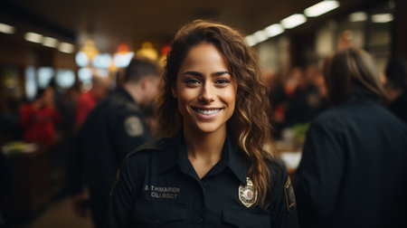 young woman with police officer standing at the city street, smiling at camera and smiling.generative aiの素材