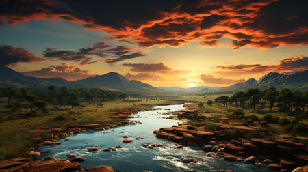 beautiful lake with mountains and forest, illustration.generative aiの素材