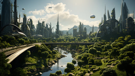 futuristic sci - fi city with alien forest.generative aiの素材