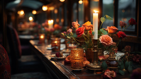 table with a tray with a candle in the restaurant.generative aiの素材