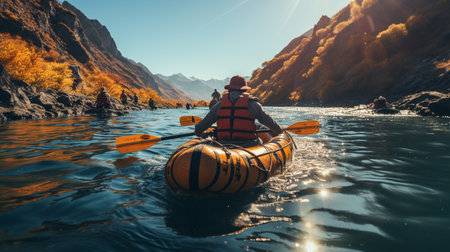 group of friends kayaking on mountain river in sunny day.generative aiの素材