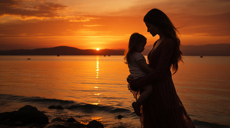 mother and daughter on the beach at sunrise.generative aiの素材