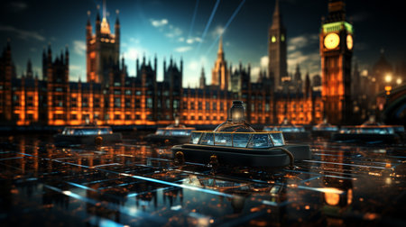 digital computer circuit board with glowing holographic hologram.の素材