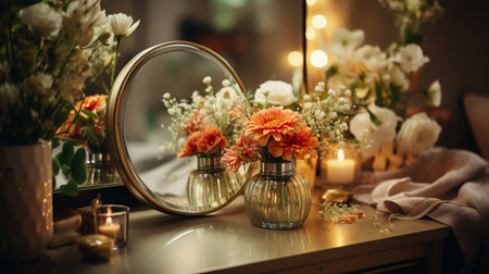 modern cozy interior with burning candles, bed and flowers in bedroom.の素材