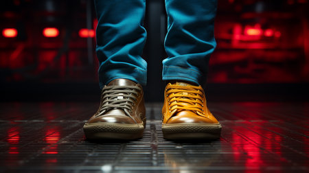 a closeup of a male legs in boots and yellow shoes