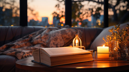 book on the window at sunsetの素材