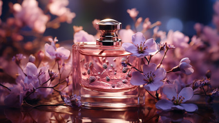 perfume bottle with pink flowersの素材